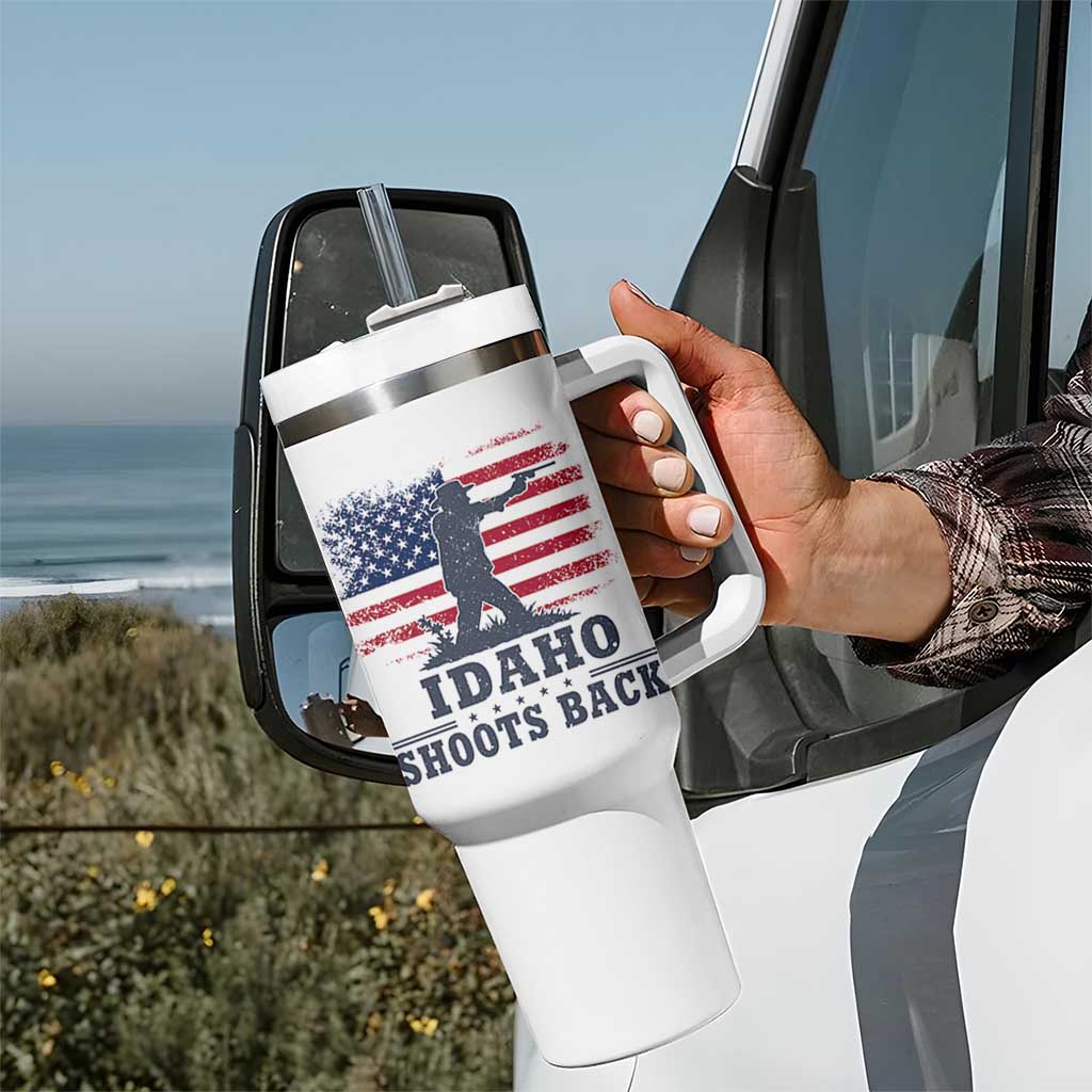 Idaho Shoots Back Distressed American Flag Tumbler With Handle Cowboy Gunslinger Graphic