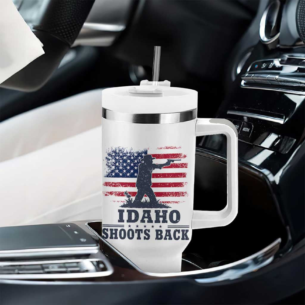 Idaho Shoots Back Distressed American Flag Tumbler With Handle Cowboy Gunslinger Graphic
