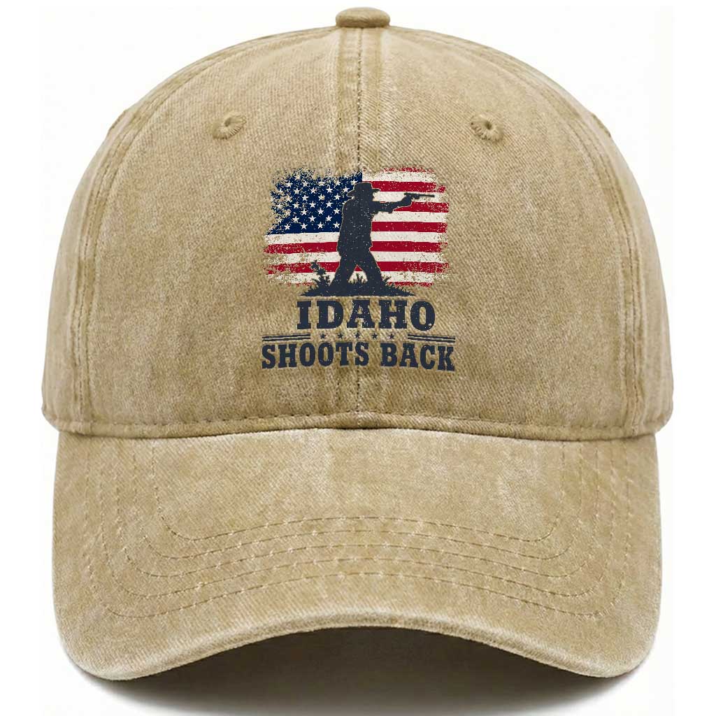 Idaho Shoots Back Distressed American Flag Washed Cotton Baseball Cap Cowboy Gunslinger Graphic