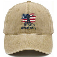 Idaho Shoots Back Distressed American Flag Washed Cotton Baseball Cap Cowboy Gunslinger Graphic