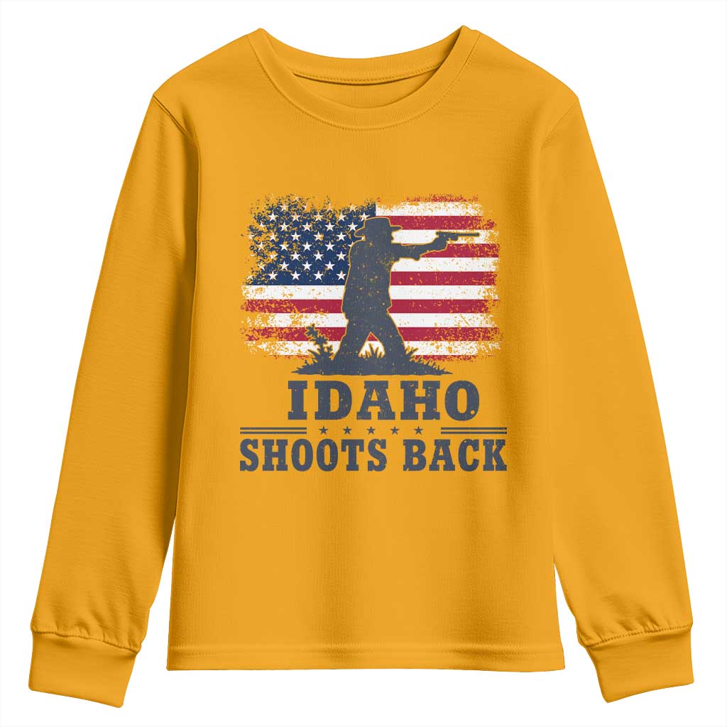 Idaho Shoots Back Distressed American Flag Youth Sweatshirt Cowboy Gunslinger Graphic