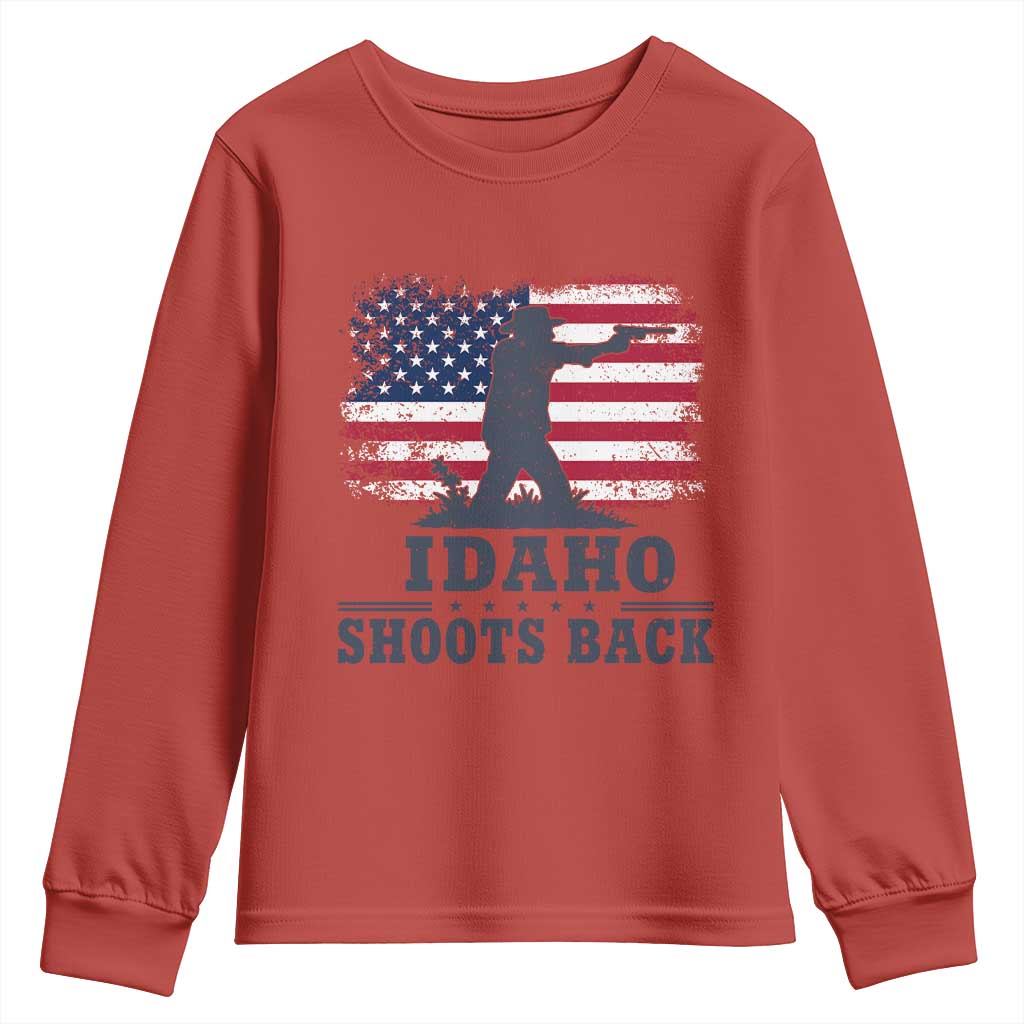 Idaho Shoots Back Distressed American Flag Youth Sweatshirt Cowboy Gunslinger Graphic