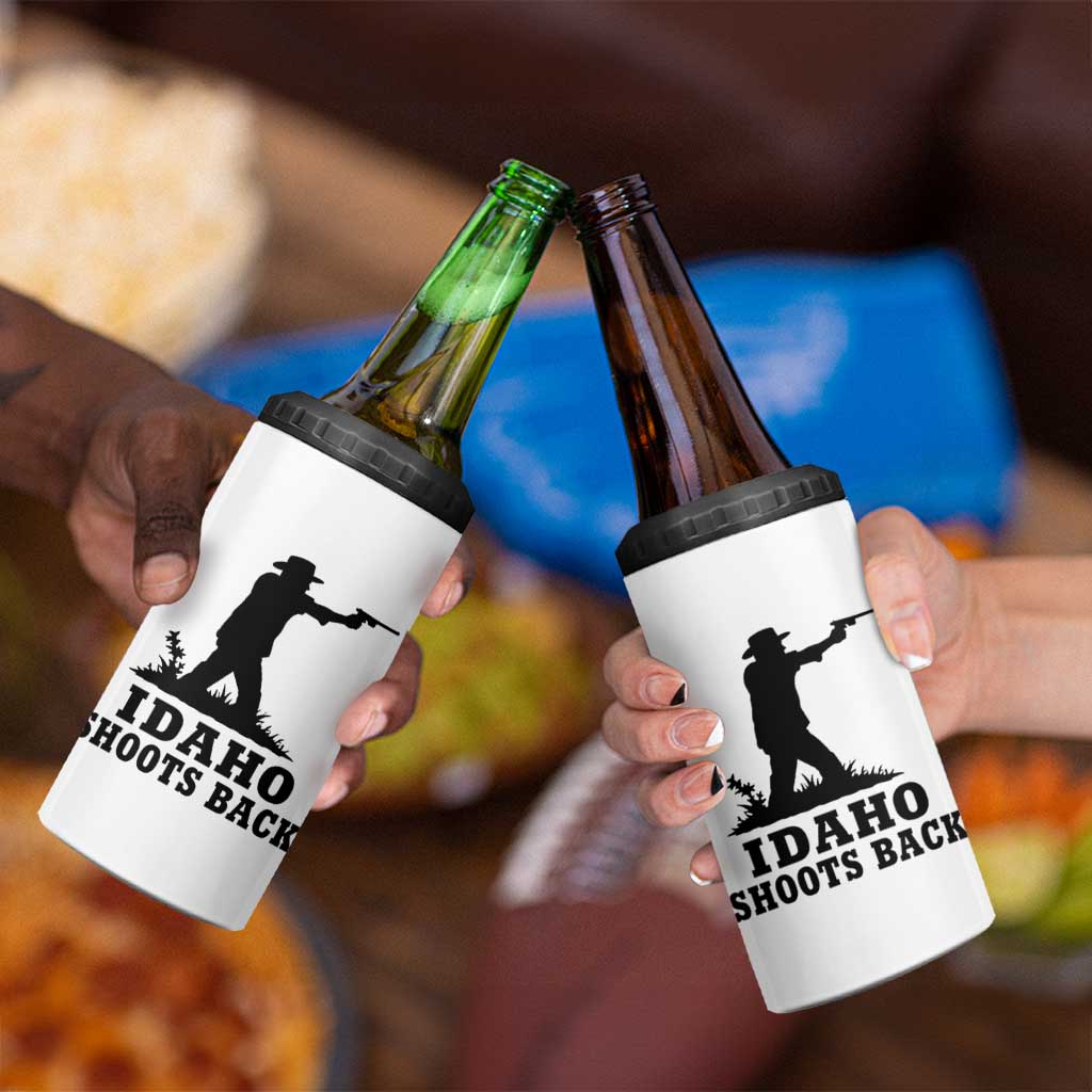 Idaho Shoots Back Minimalist Gunslinger Silhouette State Pride Graphic 4 in 1 Can Cooler Tumbler