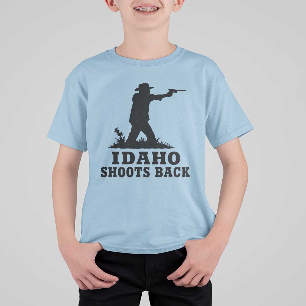 Idaho Shoots Back Minimalist Gunslinger Silhouette State Pride Graphic T Shirt For Kid