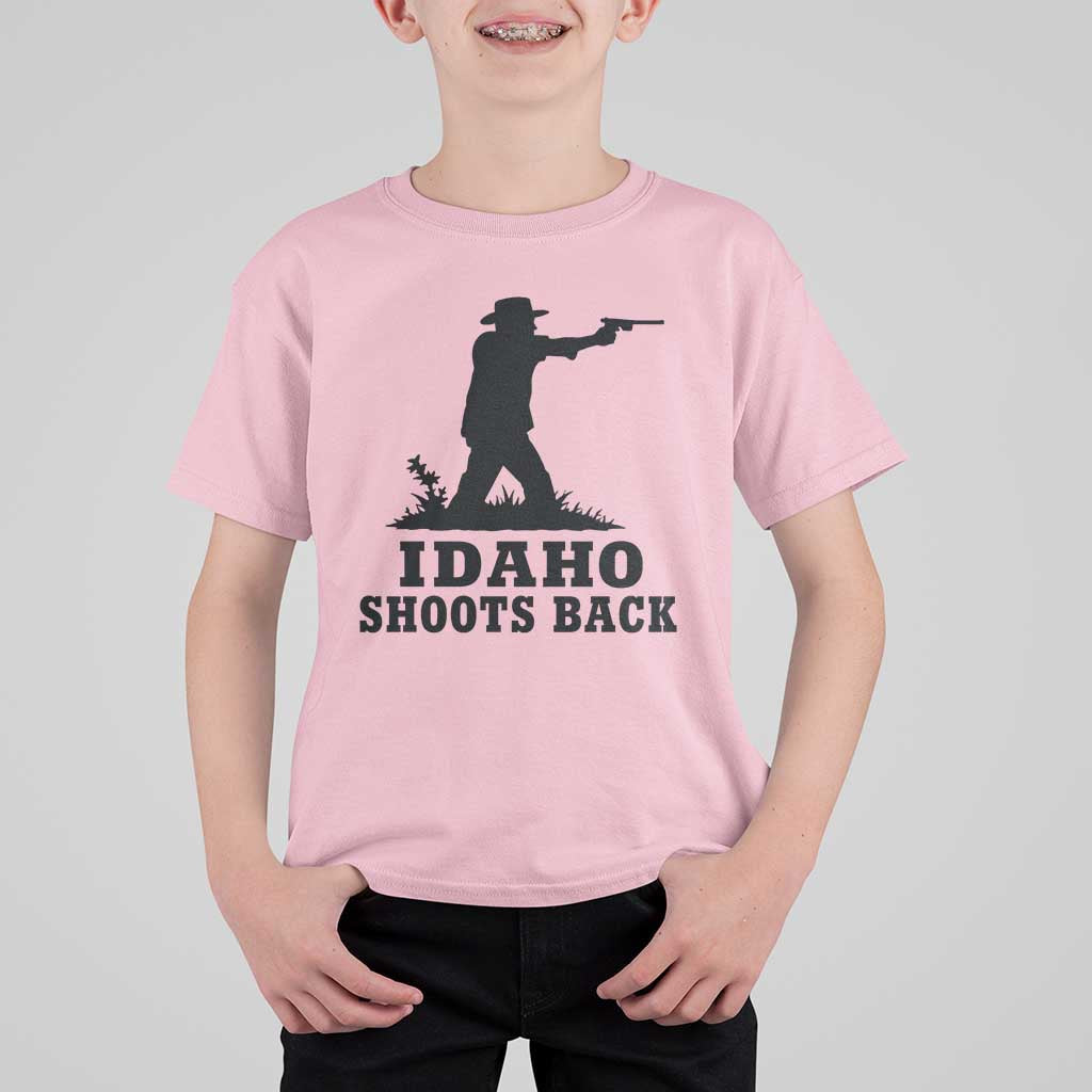 Idaho Shoots Back Minimalist Gunslinger Silhouette State Pride Graphic T Shirt For Kid