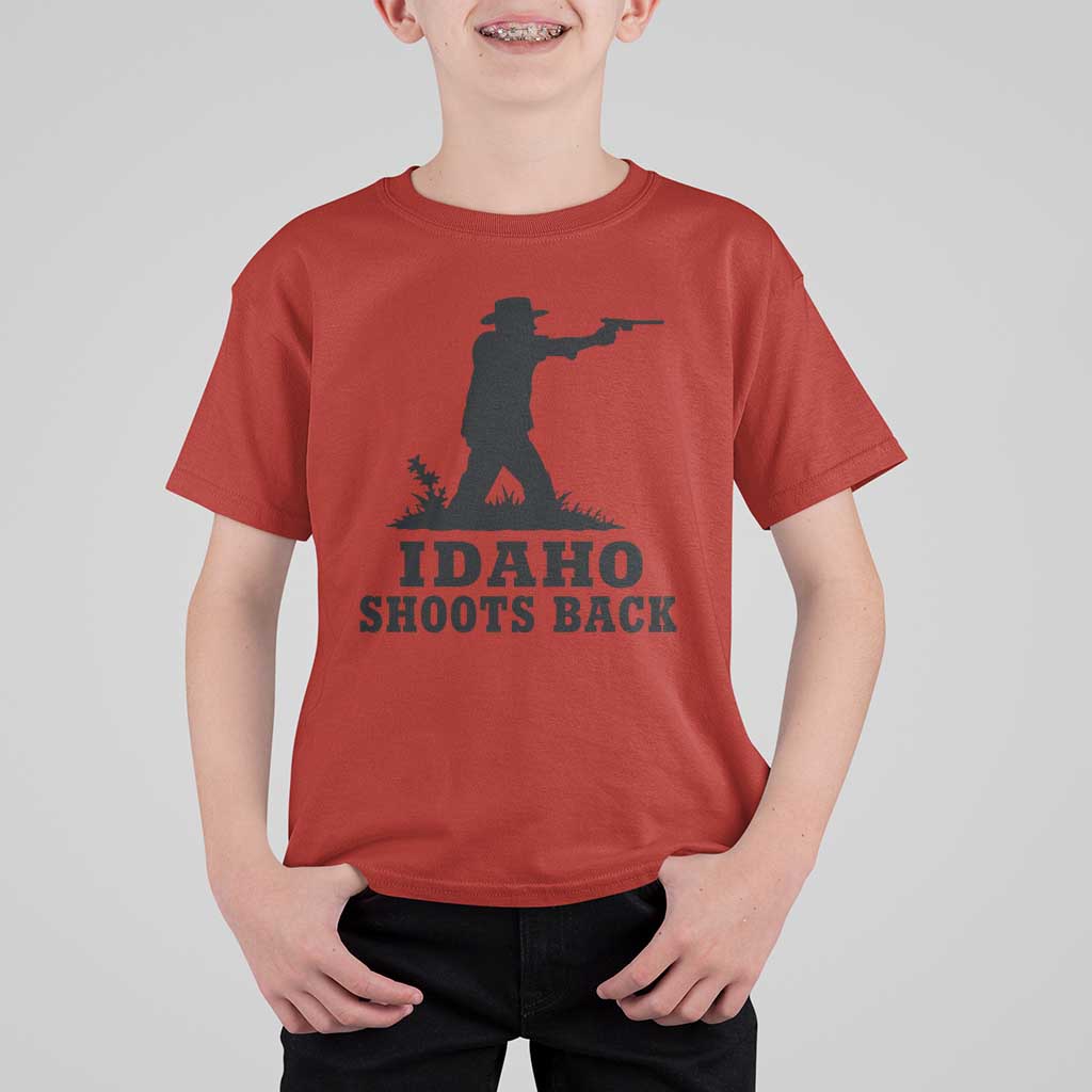 Idaho Shoots Back Minimalist Gunslinger Silhouette State Pride Graphic T Shirt For Kid