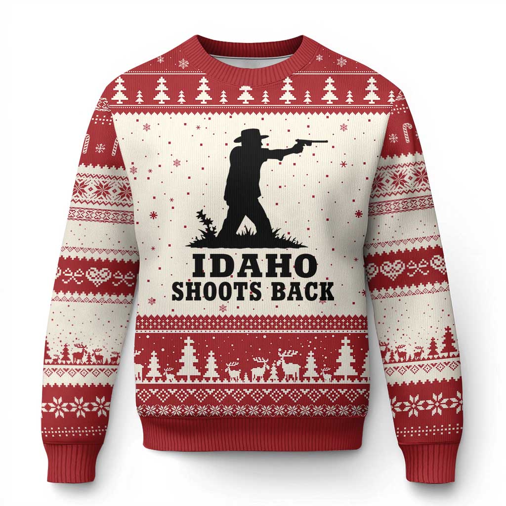 Idaho Shoots Back Minimalist Gunslinger Silhouette State Pride Graphic Ugly Christmas Sweater