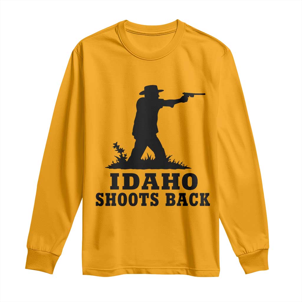 Idaho Shoots Back Minimalist Gunslinger Silhouette State Pride Graphic Long Sleeve Shirt