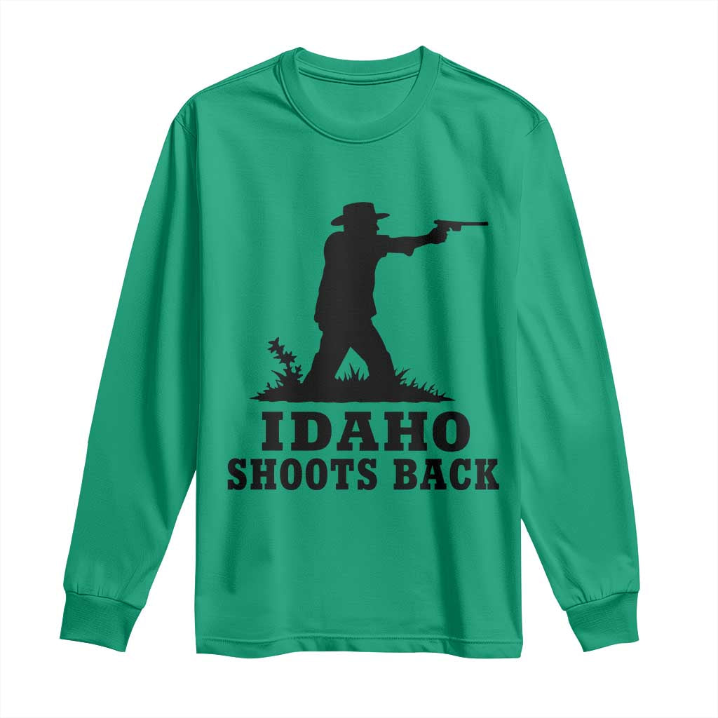 Idaho Shoots Back Minimalist Gunslinger Silhouette State Pride Graphic Long Sleeve Shirt