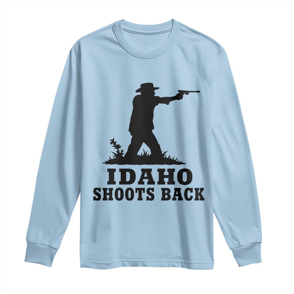 Idaho Shoots Back Minimalist Gunslinger Silhouette State Pride Graphic Long Sleeve Shirt