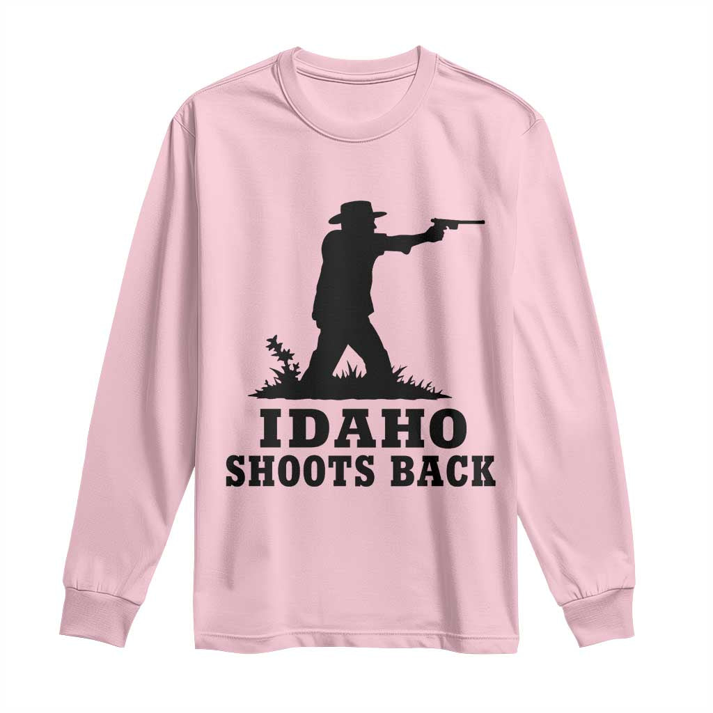 Idaho Shoots Back Minimalist Gunslinger Silhouette State Pride Graphic Long Sleeve Shirt
