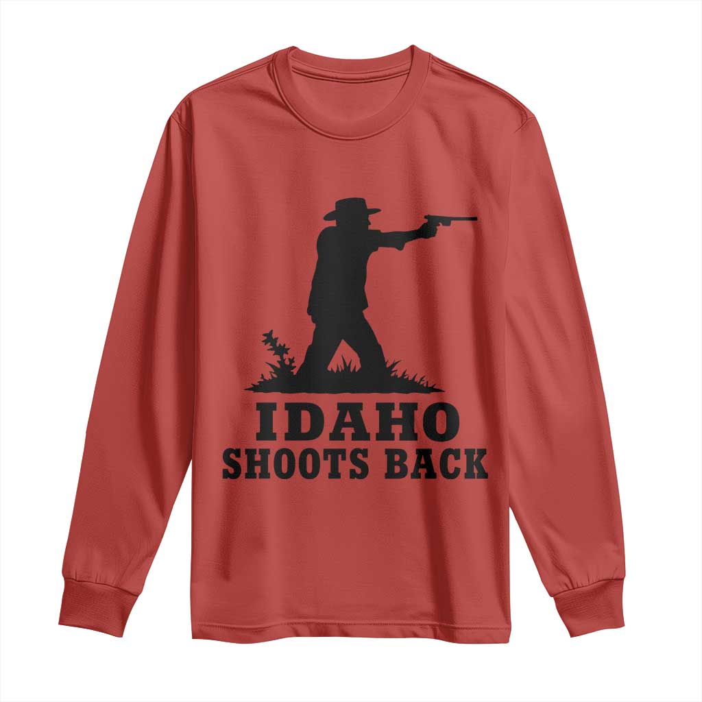 Idaho Shoots Back Minimalist Gunslinger Silhouette State Pride Graphic Long Sleeve Shirt