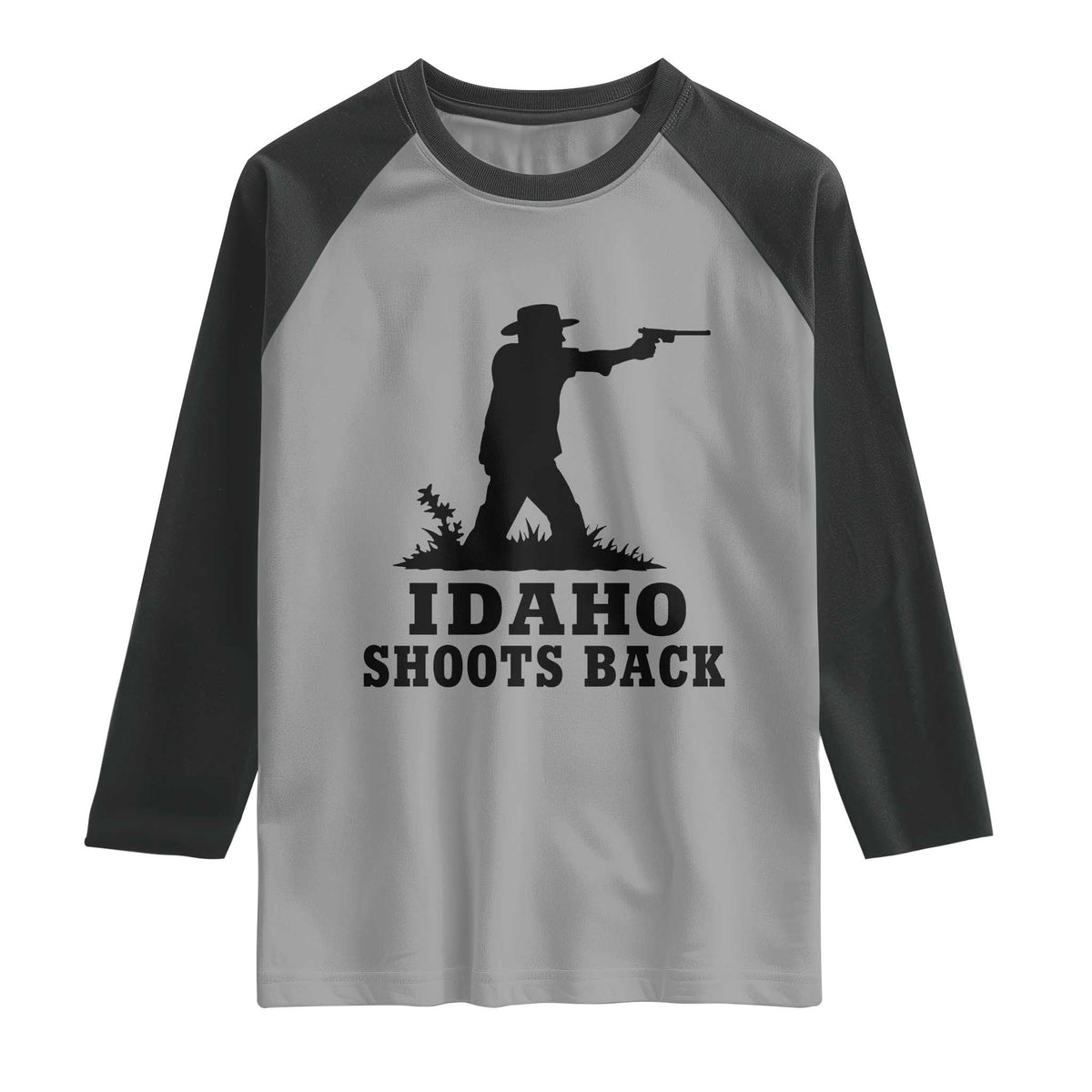 Idaho Shoots Back Minimalist Gunslinger Silhouette State Pride Graphic Raglan Shirt