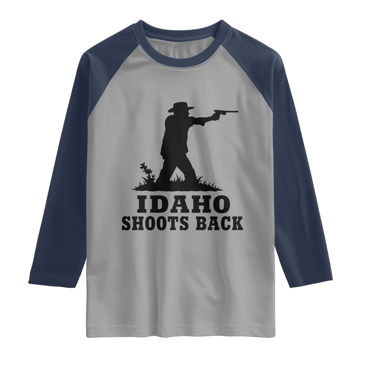 Idaho Shoots Back Minimalist Gunslinger Silhouette State Pride Graphic Raglan Shirt
