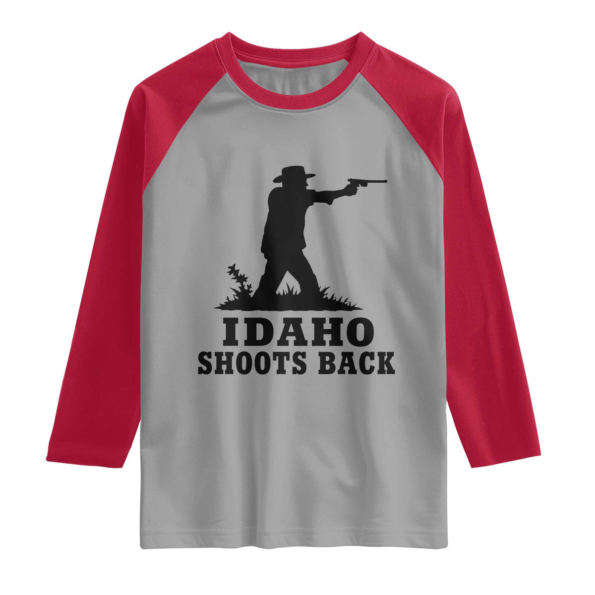 Idaho Shoots Back Minimalist Gunslinger Silhouette State Pride Graphic Raglan Shirt