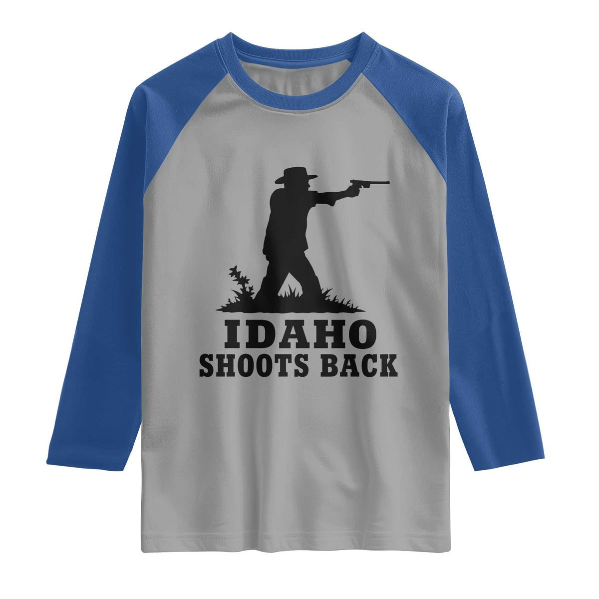 Idaho Shoots Back Minimalist Gunslinger Silhouette State Pride Graphic Raglan Shirt