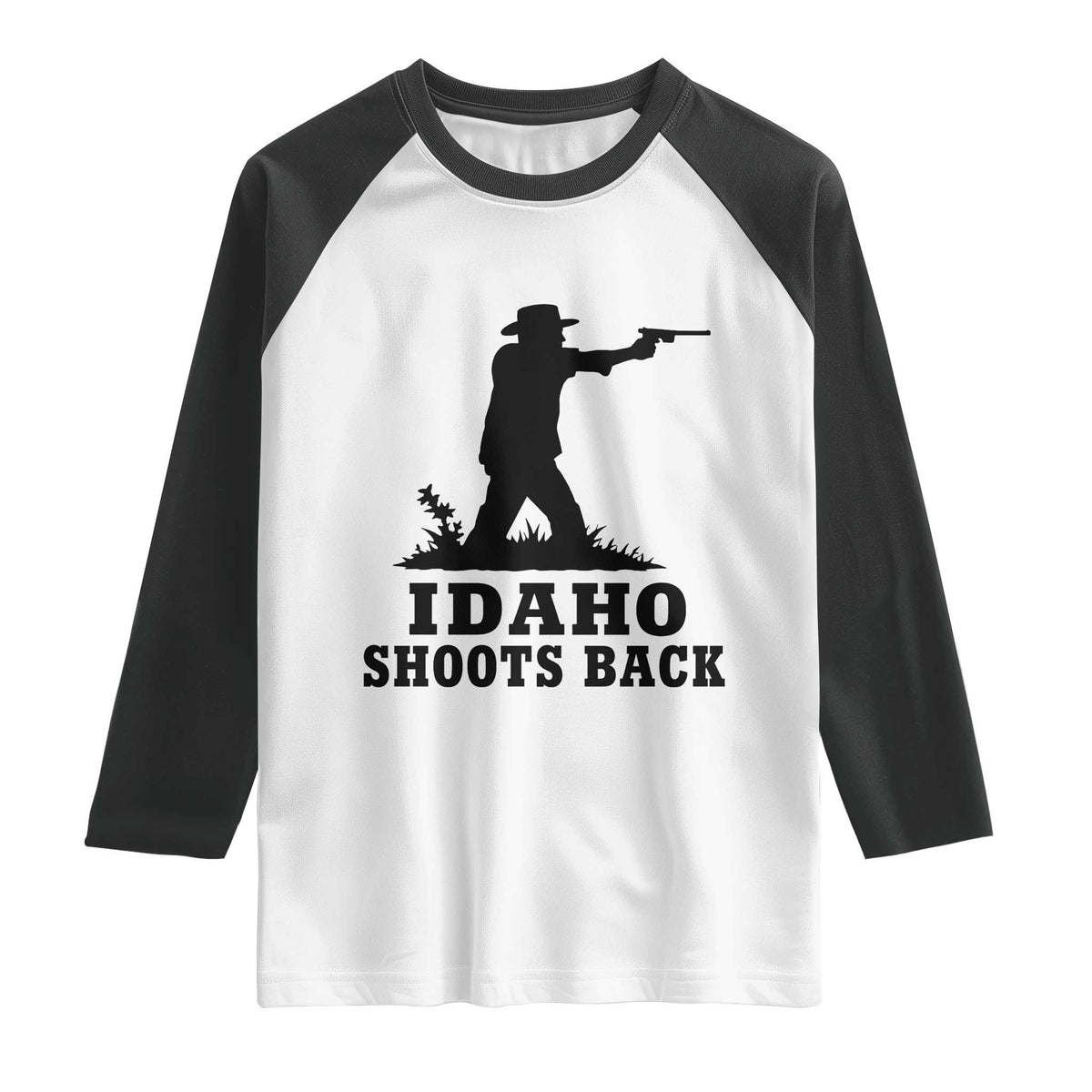 Idaho Shoots Back Minimalist Gunslinger Silhouette State Pride Graphic Raglan Shirt