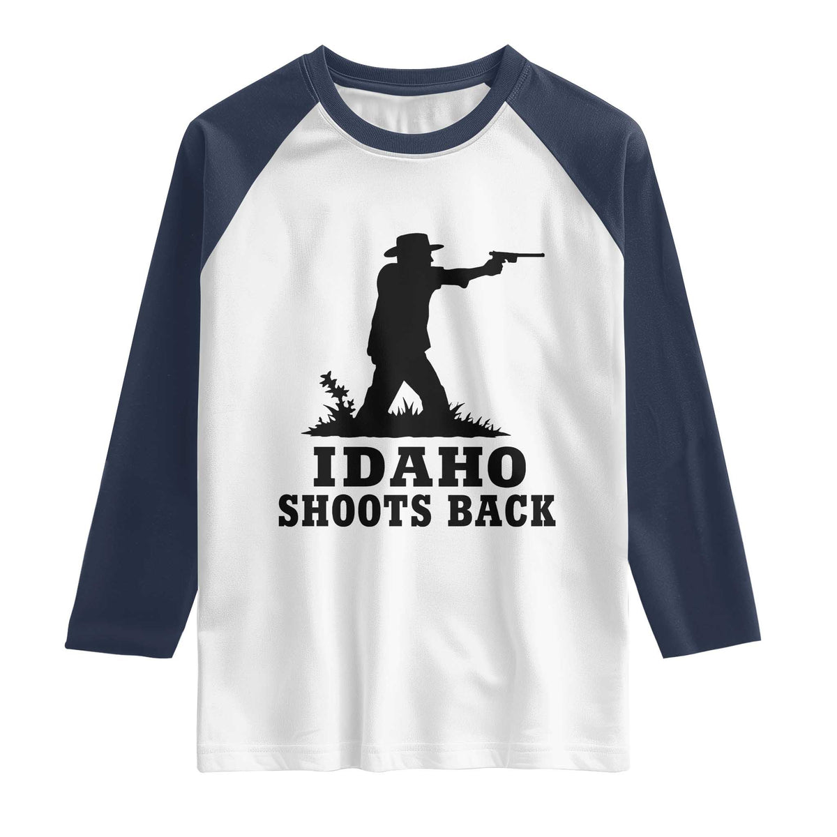 Idaho Shoots Back Minimalist Gunslinger Silhouette State Pride Graphic Raglan Shirt