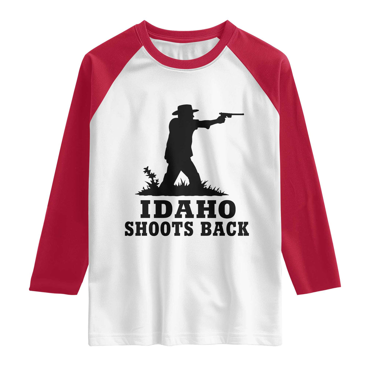 Idaho Shoots Back Minimalist Gunslinger Silhouette State Pride Graphic Raglan Shirt