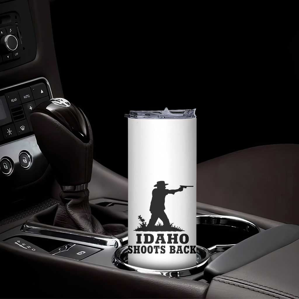 Idaho Shoots Back Minimalist Gunslinger Silhouette State Pride Graphic Skinny Tumbler