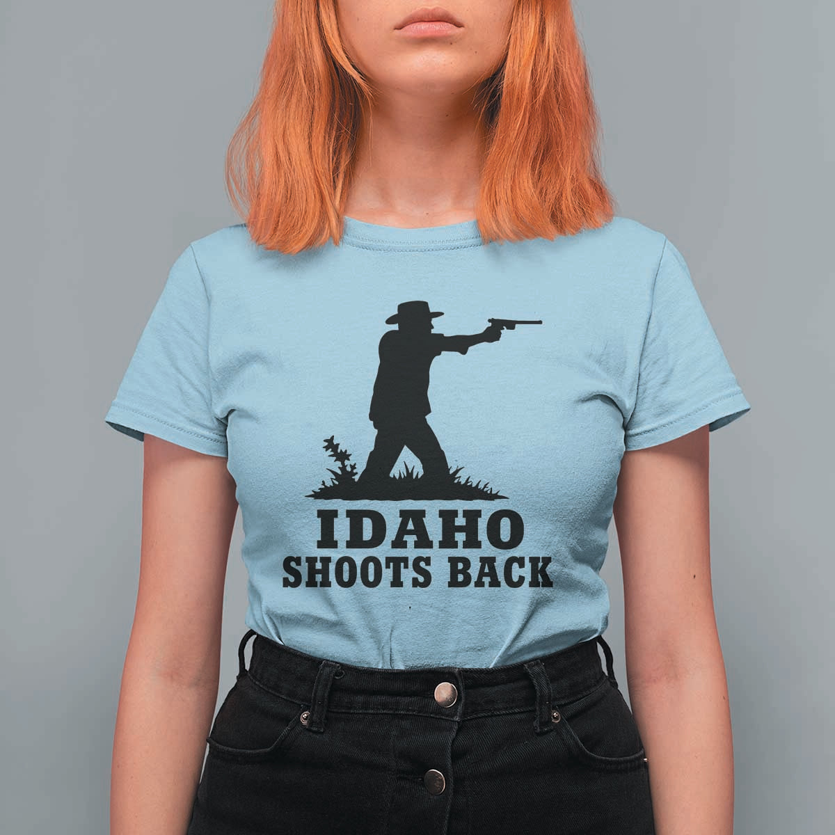 Idaho Shoots Back Minimalist Gunslinger Silhouette State Pride Graphic T Shirt For Women