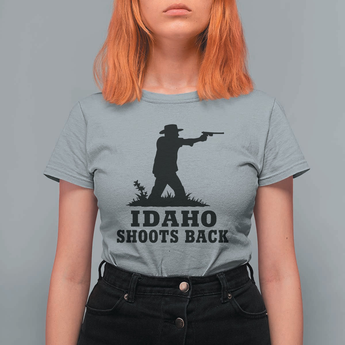 Idaho Shoots Back Minimalist Gunslinger Silhouette State Pride Graphic T Shirt For Women