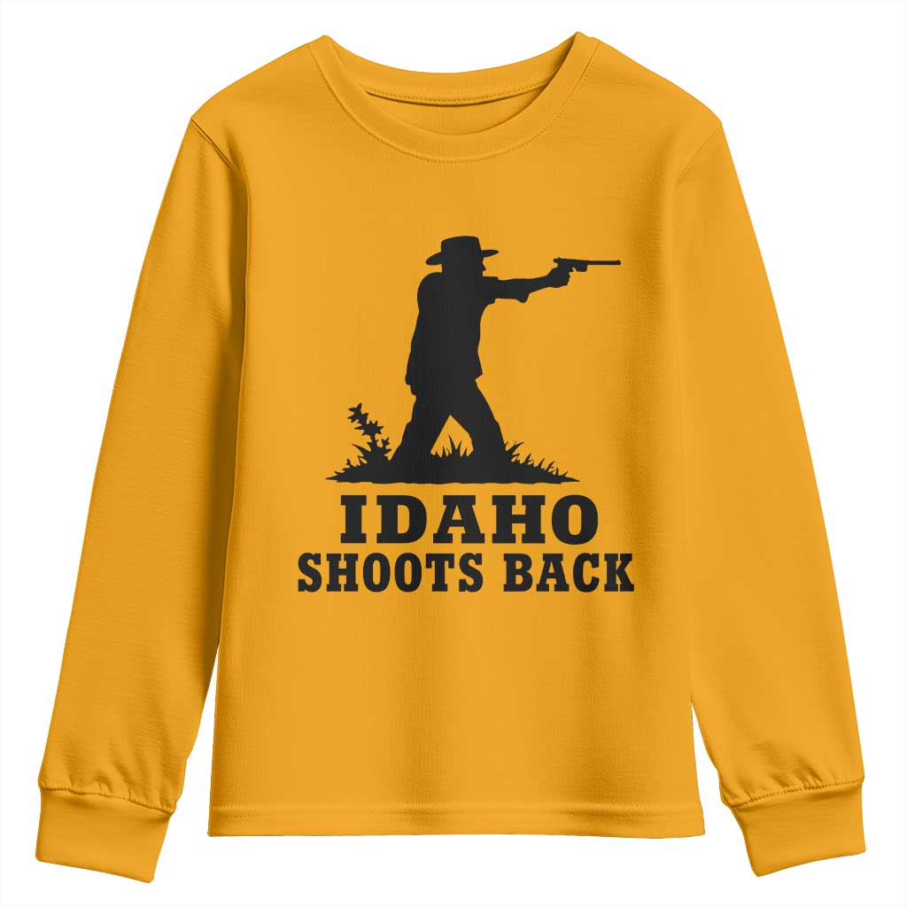 Idaho Shoots Back Minimalist Gunslinger Silhouette State Pride Graphic Youth Sweatshirt