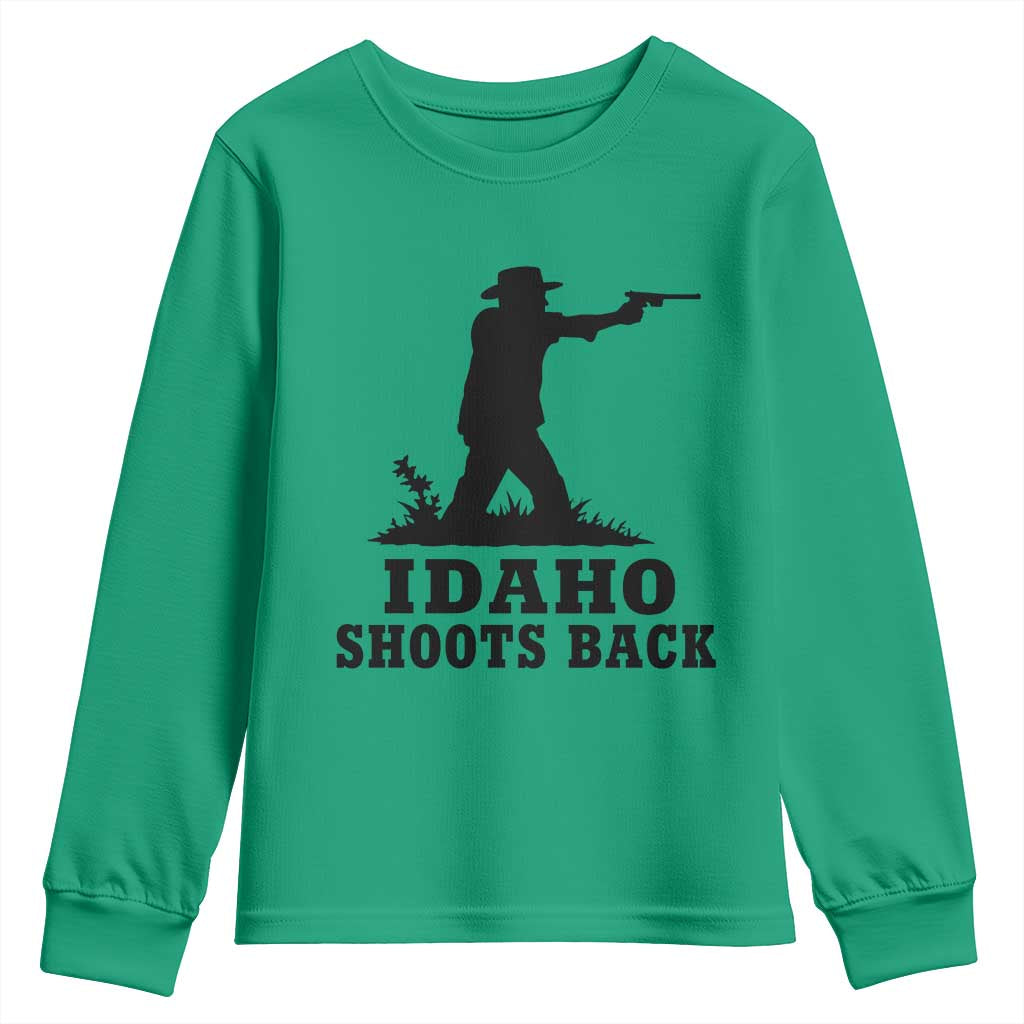 Idaho Shoots Back Minimalist Gunslinger Silhouette State Pride Graphic Youth Sweatshirt
