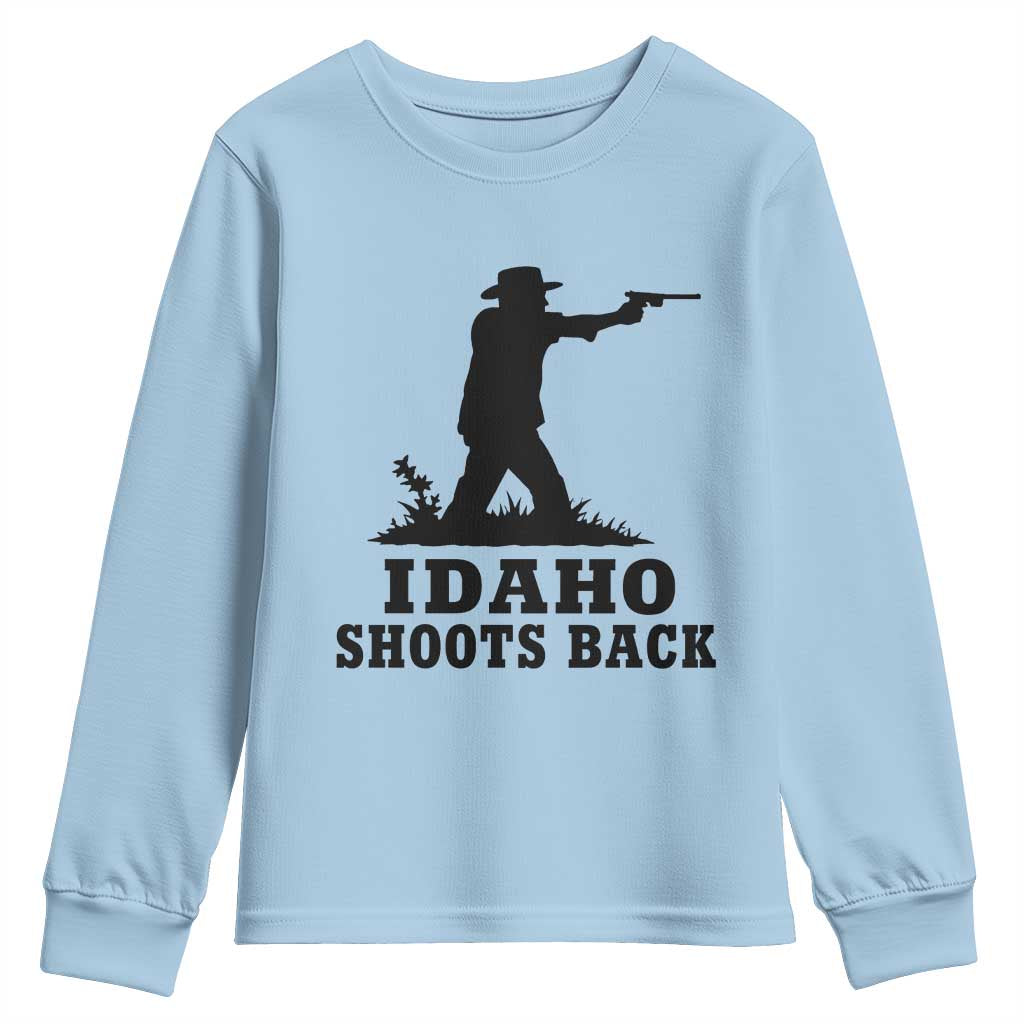 Idaho Shoots Back Minimalist Gunslinger Silhouette State Pride Graphic Youth Sweatshirt