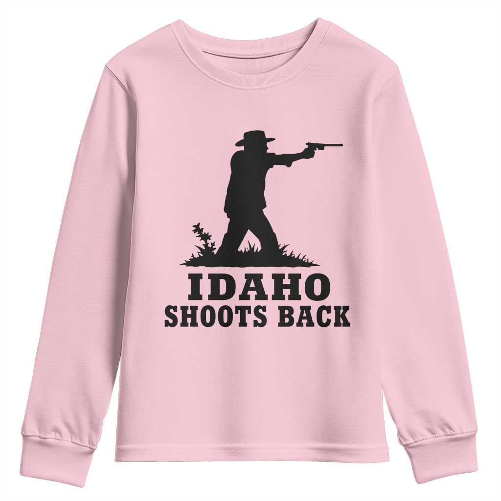 Idaho Shoots Back Minimalist Gunslinger Silhouette State Pride Graphic Youth Sweatshirt