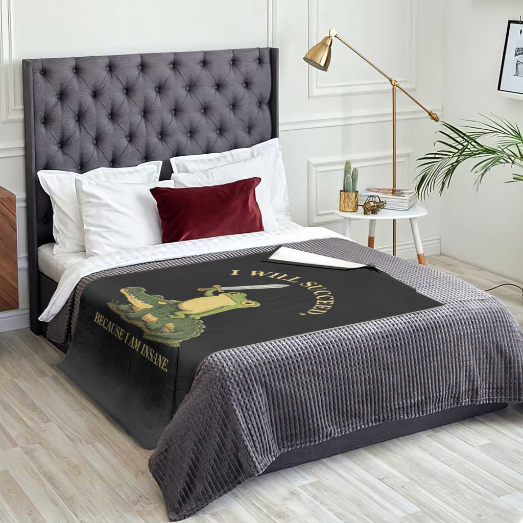Retro Goblincore Sword Frog Riding Alligator Meme Throw Blanket I Will Succeed Because I Am Insane Chaotic Motivation