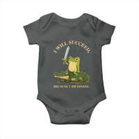 Retro Goblincore Sword Frog Riding Alligator Meme Baby Onesie I Will Succeed Because I Am Insane Chaotic Motivation