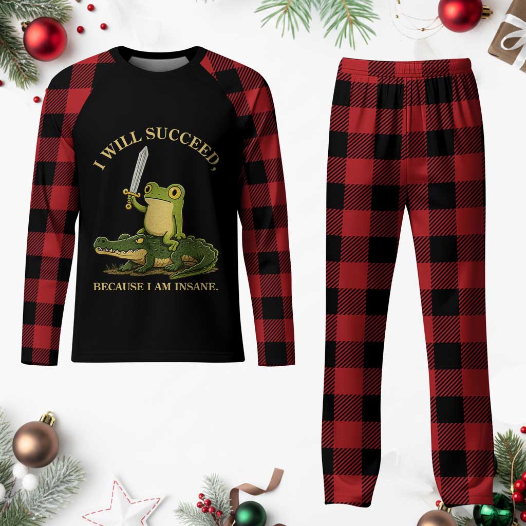 Retro Goblincore Sword Frog Riding Alligator Meme Plaid Pajama Set I Will Succeed Because I Am Insane Chaotic Motivation