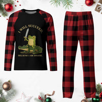 Retro Goblincore Sword Frog Riding Alligator Meme Plaid Pajama Set I Will Succeed Because I Am Insane Chaotic Motivation