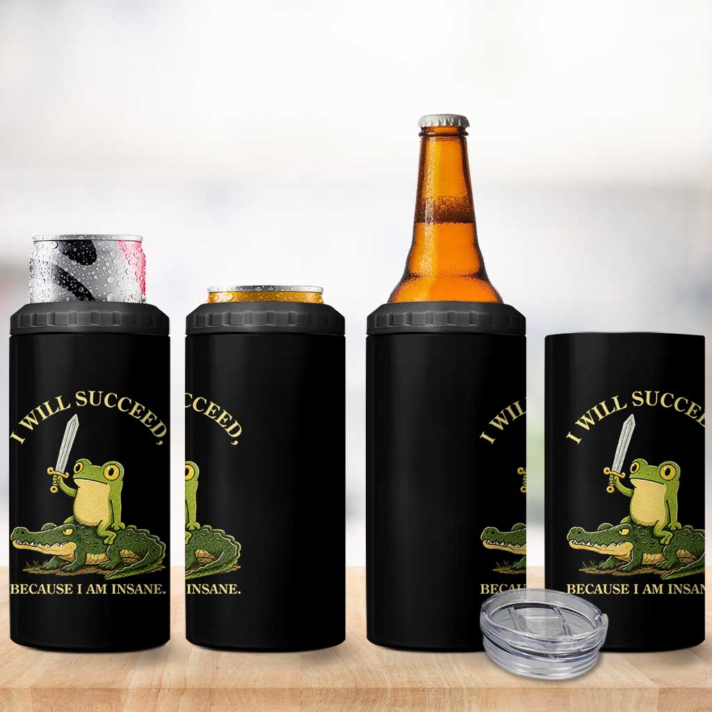 Retro Goblincore Sword Frog Riding Alligator Meme 4 in 1 Can Cooler Tumbler I Will Succeed Because I Am Insane Chaotic Motivation