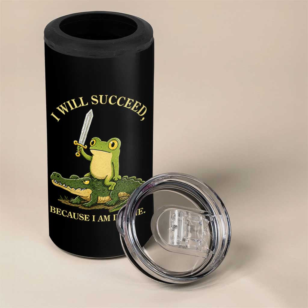 Retro Goblincore Sword Frog Riding Alligator Meme 4 in 1 Can Cooler Tumbler I Will Succeed Because I Am Insane Chaotic Motivation