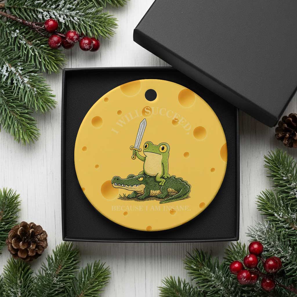 Retro Goblincore Sword Frog Riding Alligator Meme Ceramic Ornament I Will Succeed Because I Am Insane Chaotic Motivation