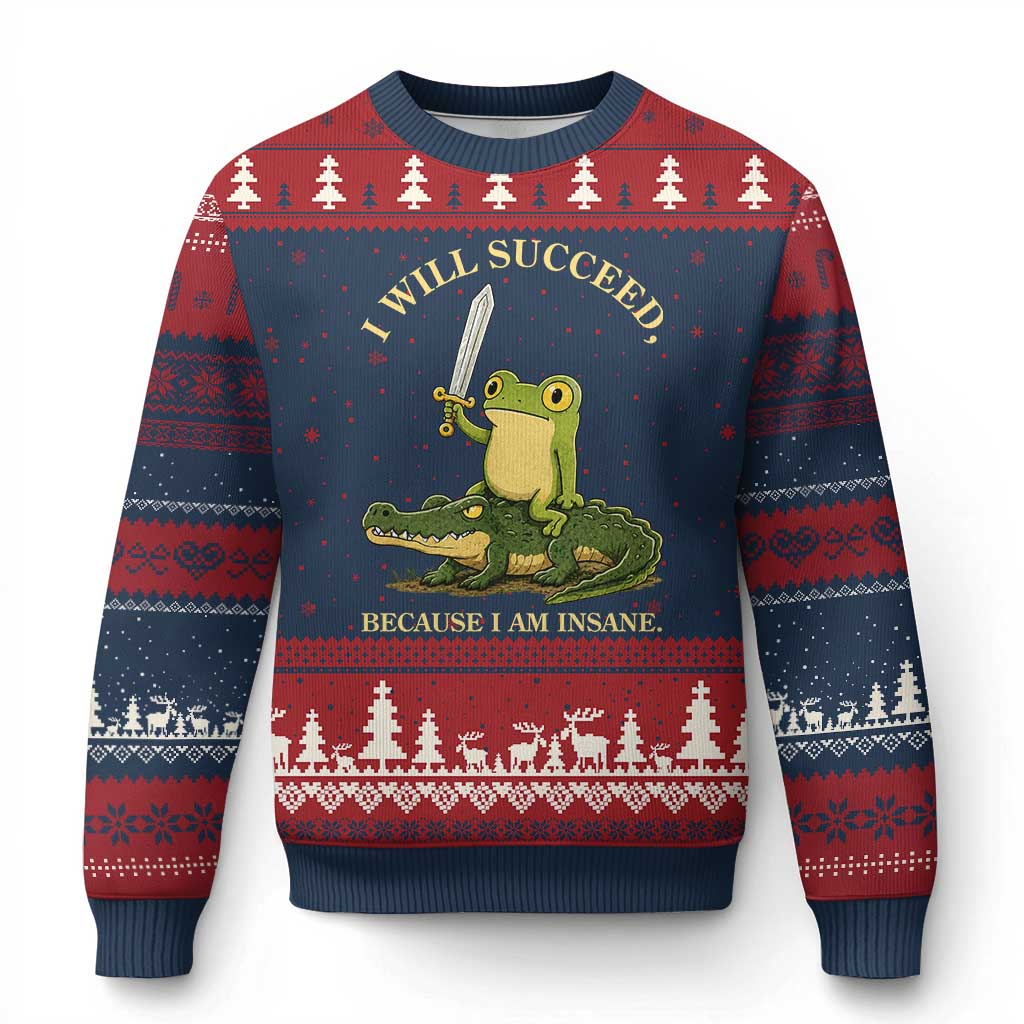 Retro Goblincore Sword Frog Riding Alligator Meme Ugly Christmas Sweater I Will Succeed Because I Am Insane Chaotic Motivation