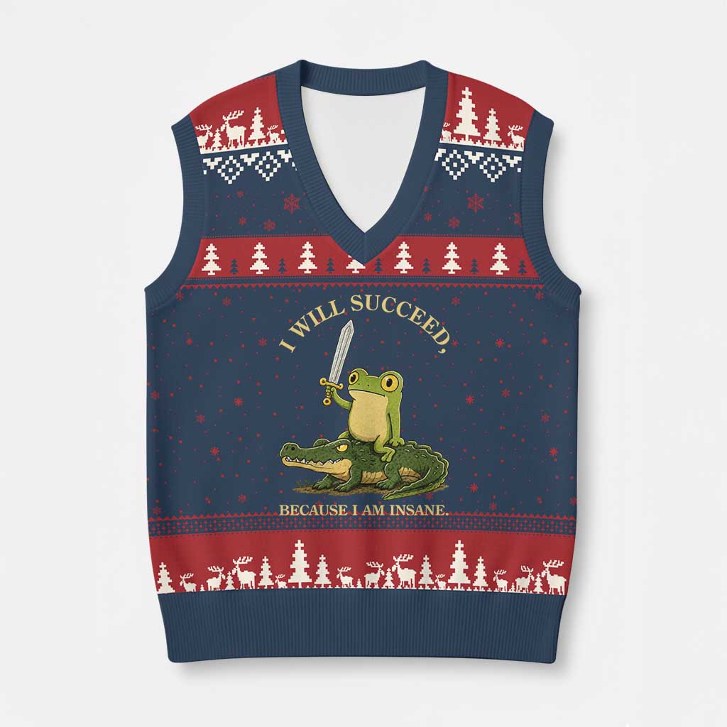 Retro Goblincore Sword Frog Riding Alligator Meme V-Neck Knit Sweater Vest I Will Succeed Because I Am Insane Chaotic Motivation