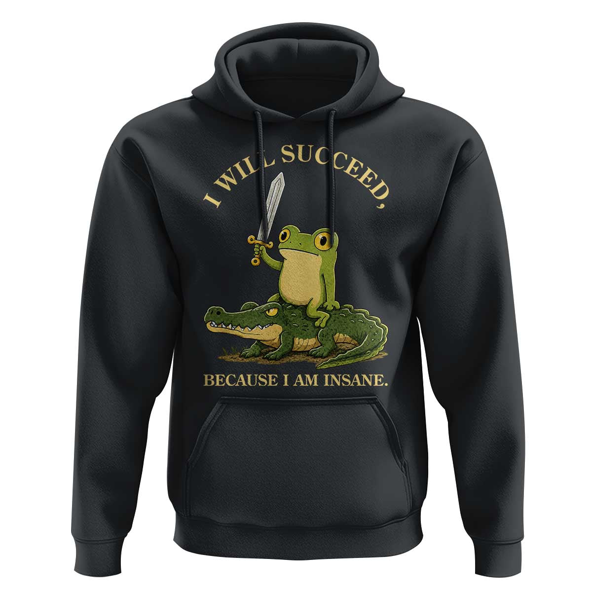 Retro Goblincore Sword Frog Riding Alligator Meme Hoodie I Will Succeed Because I Am Insane Chaotic Motivation