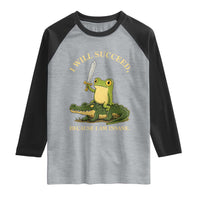 Retro Goblincore Sword Frog Riding Alligator Meme Raglan Shirt I Will Succeed Because I Am Insane Chaotic Motivation