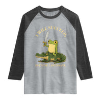 Retro Goblincore Sword Frog Riding Alligator Meme Raglan Shirt I Will Succeed Because I Am Insane Chaotic Motivation