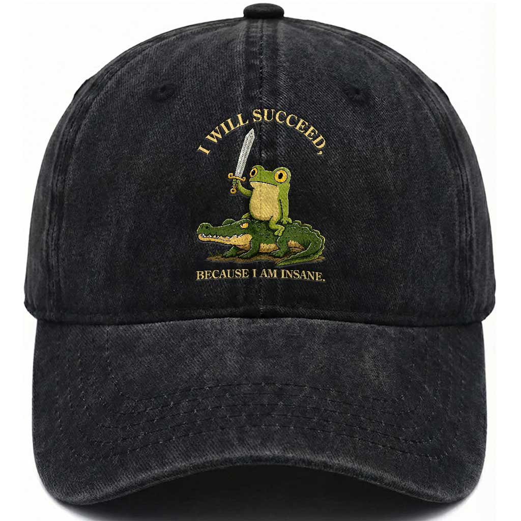 Retro Goblincore Sword Frog Riding Alligator Meme Washed Cotton Baseball Cap I Will Succeed Because I Am Insane Chaotic Motivation
