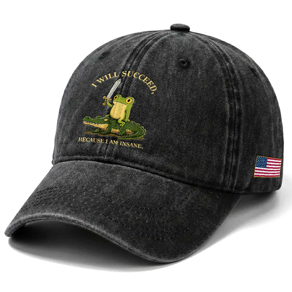 Retro Goblincore Sword Frog Riding Alligator Meme Washed Cotton Baseball Cap I Will Succeed Because I Am Insane Chaotic Motivation