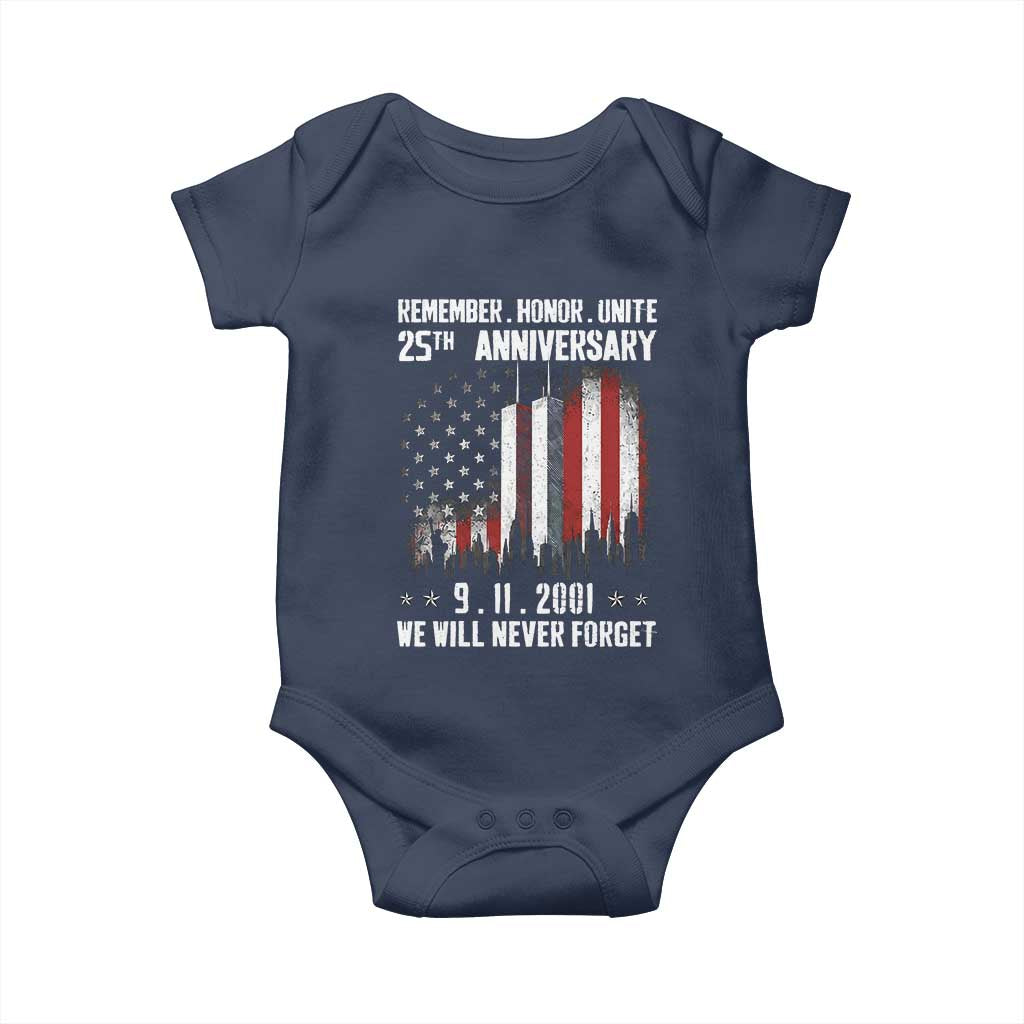 Remember Honor Unite 9 11 Memorial 25th Anniversary Baby Onesie We Will Never Forget Patriotic American Flag