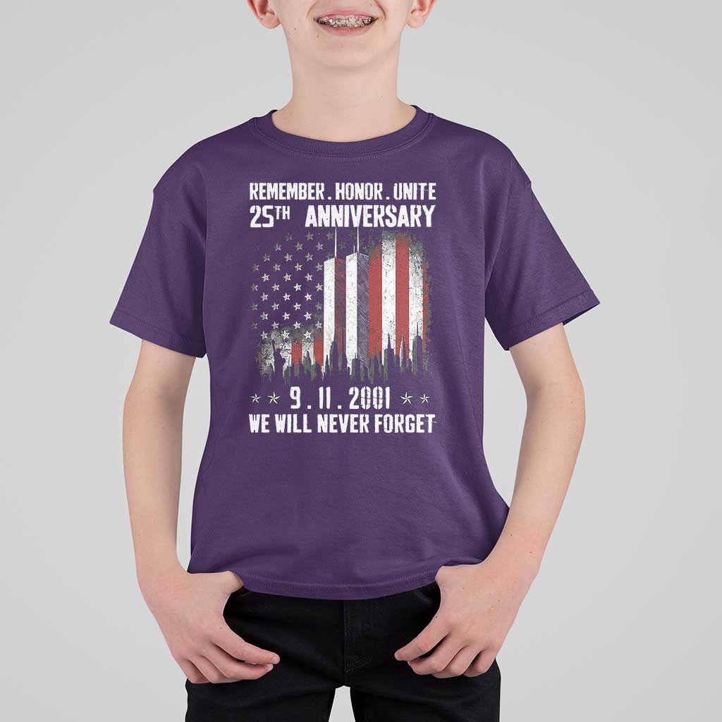 Remember Honor Unite 9 11 Memorial 25th Anniversary T Shirt For Kid We Will Never Forget Patriotic American Flag