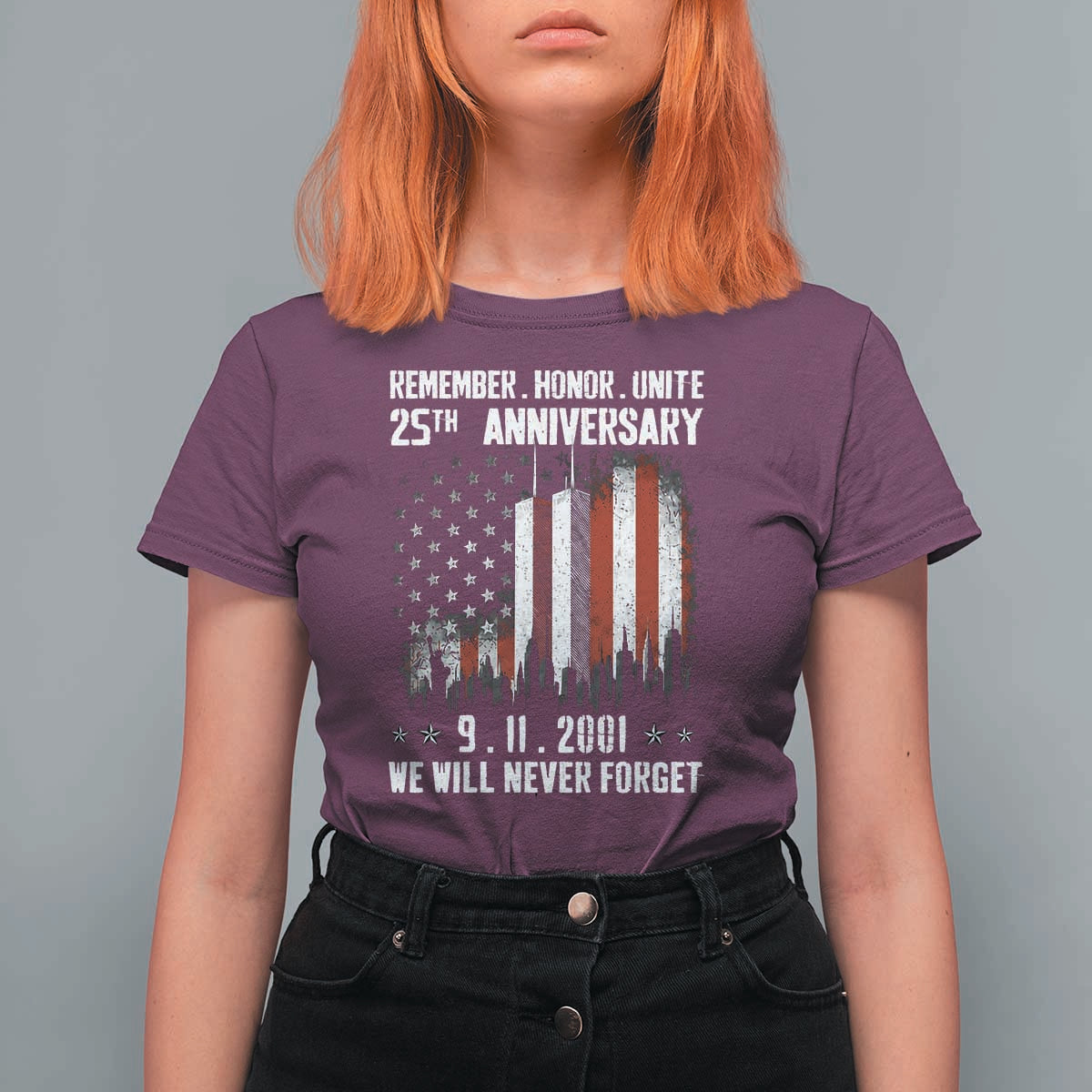 Remember Honor Unite 9 11 Memorial 25th Anniversary T Shirt For Women We Will Never Forget Patriotic American Flag