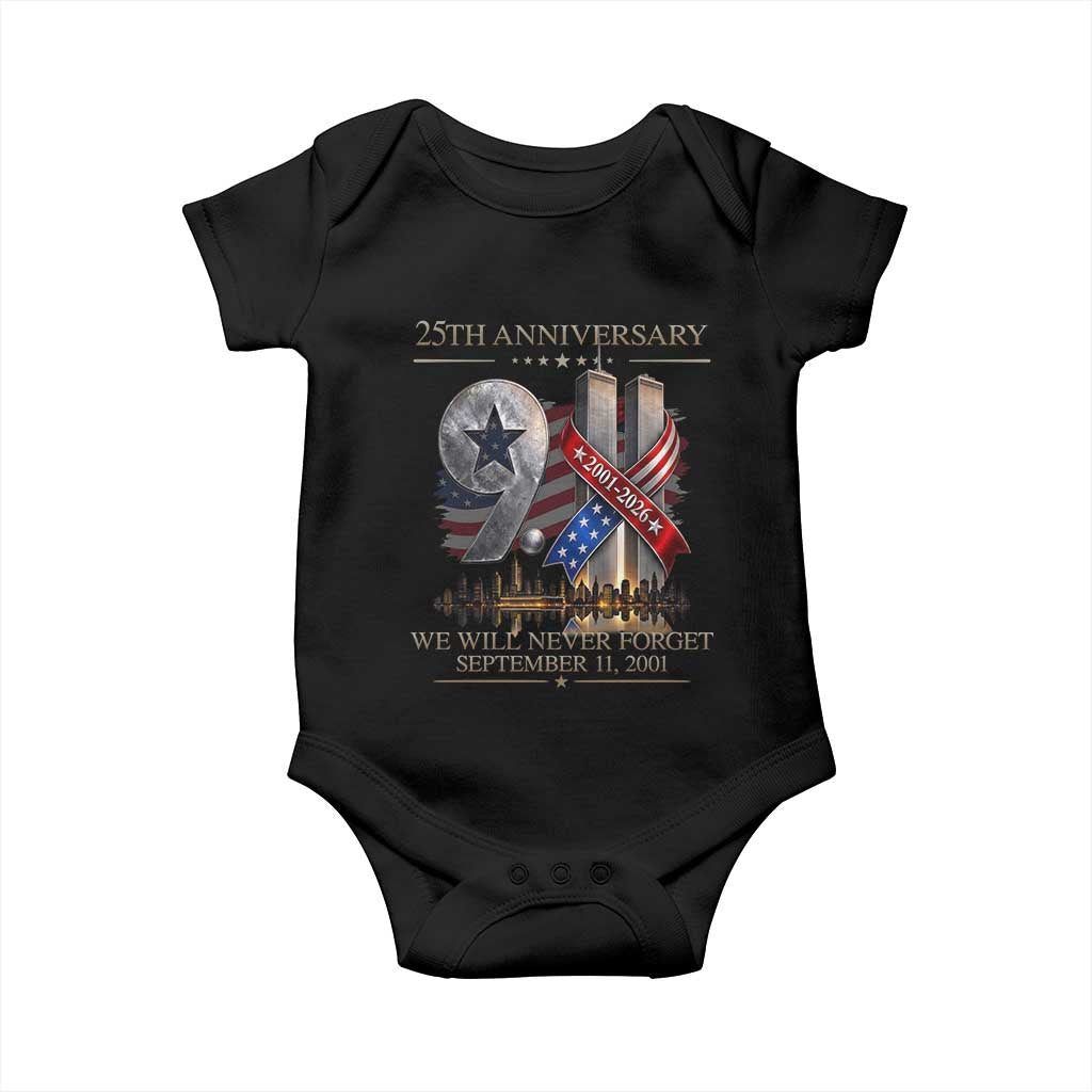 We Will Never Forget 9 11 Memorial 25th Anniversary Baby Onesie Patriotic American Flag Ribbon