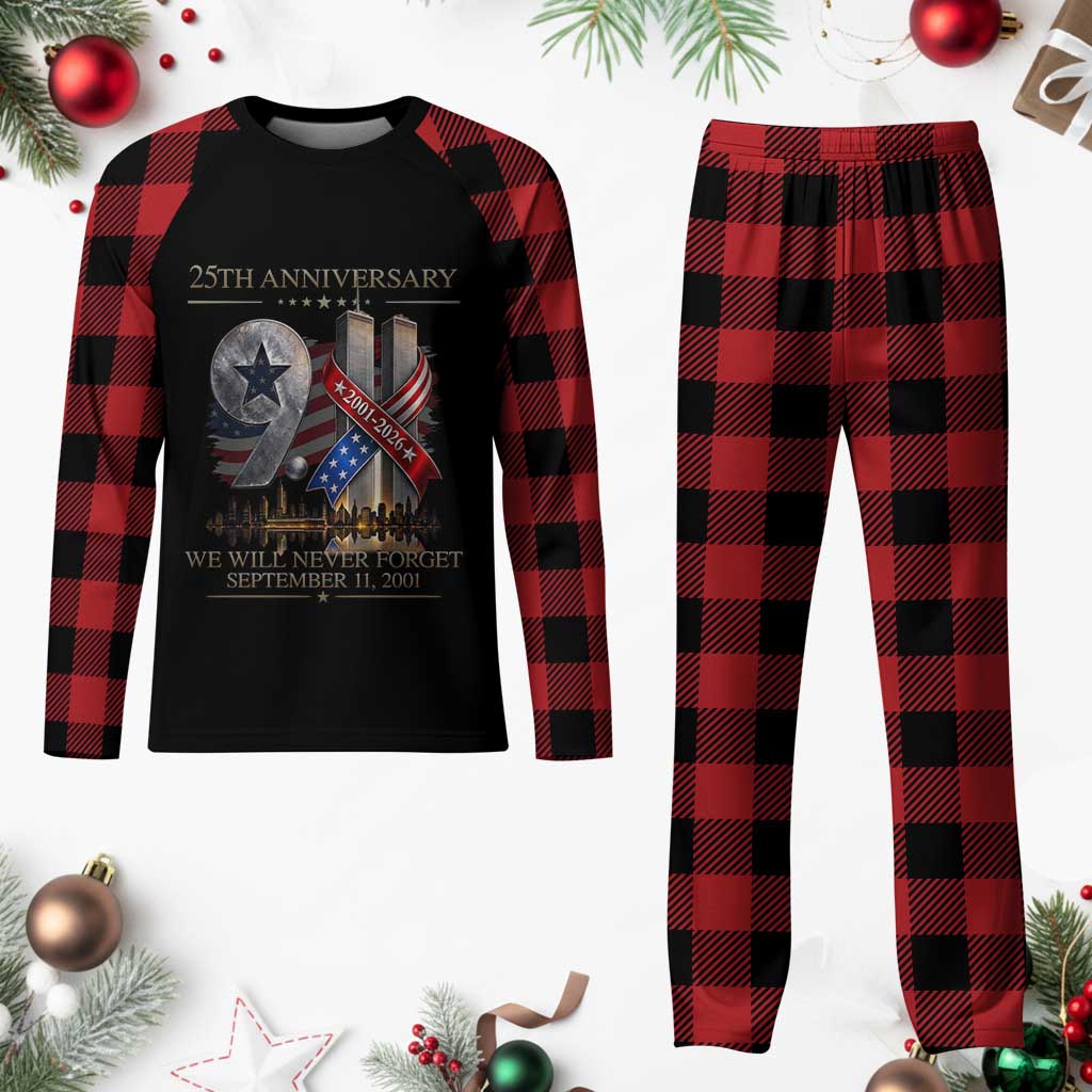 We Will Never Forget 9 11 Memorial 25th Anniversary Plaid Pajama Set Patriotic American Flag Ribbon