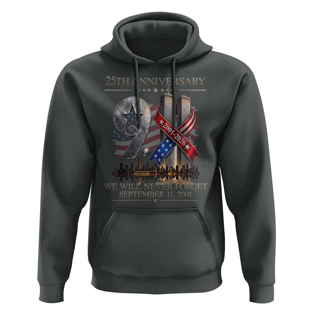 We Will Never Forget 9 11 Memorial 25th Anniversary Hoodie Patriotic American Flag Ribbon
